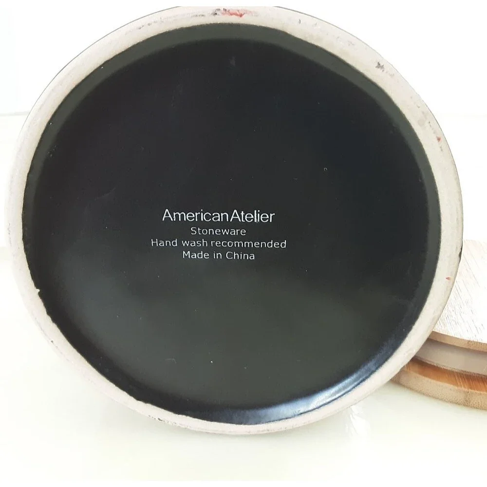 AMERICAN ATELIER Stoneware Enamel Floral Geometric Embossed Bamboo Lid Cantier